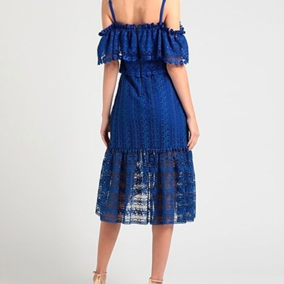 Three Floor Vibrant Royal Blue Off Shoulder Lace Dress 0 Elegant Boho - Picture 5 of 8